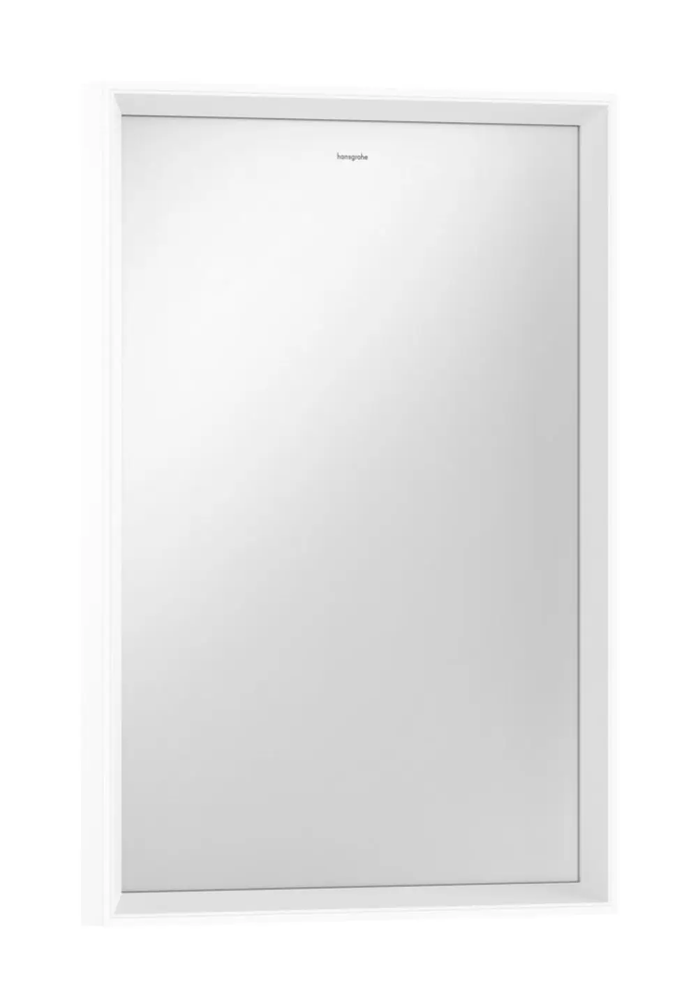 Spiegel mit integrierter LED-Beleuchtung in Mattweiß. Das Design ist schlicht und modern, passend für verschiedene Badezimmerstile. Hersteller ist Hansgrohe.
